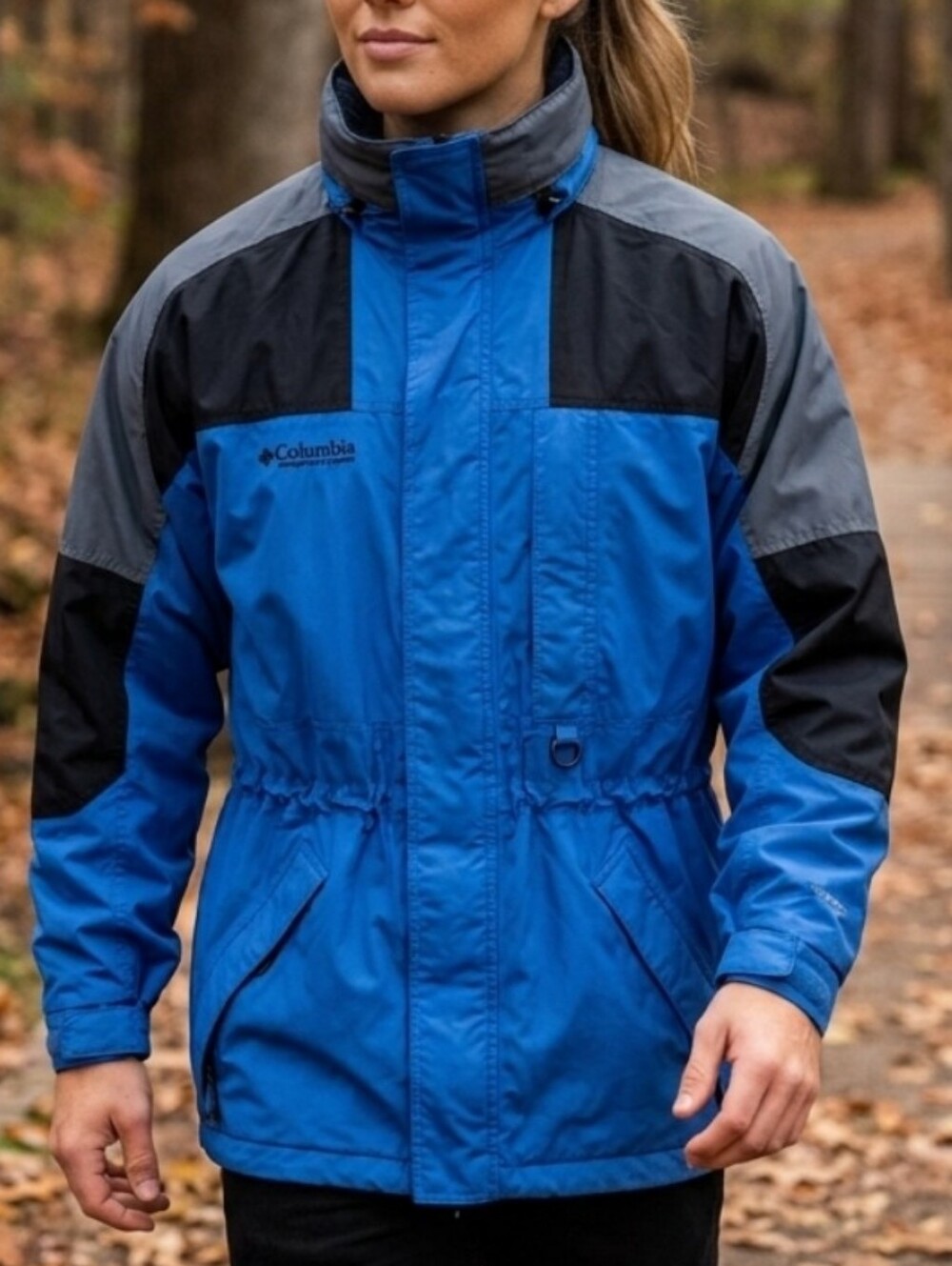 Columbia Hidden Hood Lightweight Blue Black & Gray Colorblock Jacket